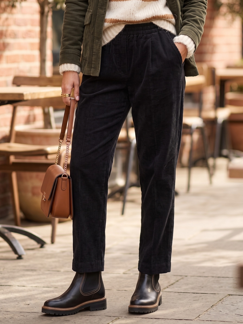 Vintage Black Corduroy Pleated Pants Dark Academia Elastic Tapered Trousers